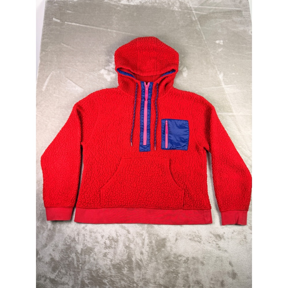 J Crew Vintage Fleece Half‎ Zip Hoodie Red Pocket Size M Polartec Sherpa Popover
